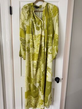Anthropologie Olive Green and Cream Long Sleeve Maxi Dress